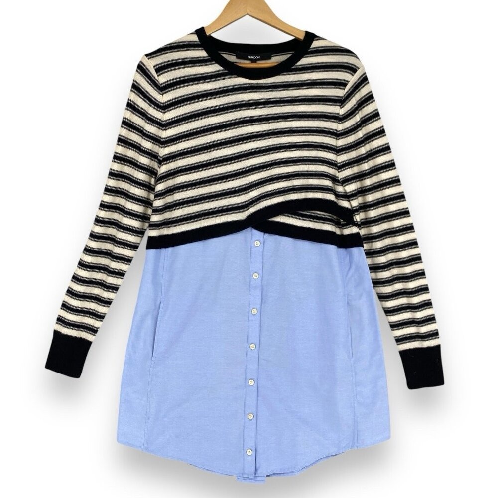 Thakoon Shirt Dress Women L Blue Black White Sweater Combo Striped Wool Layered